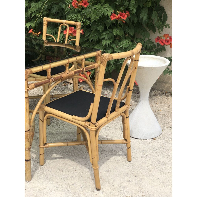 Dal Vera vintage bamboo and rattan table and 4 chairs, 1970s