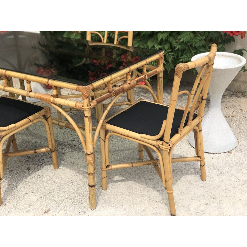 Dal Vera vintage bamboo and rattan table and 4 chairs, 1970s