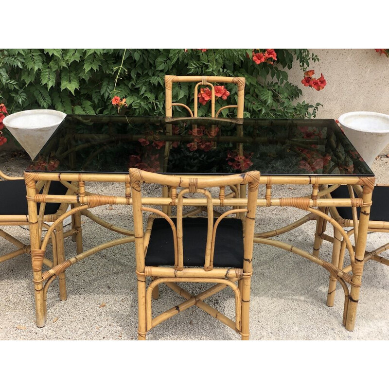 Dal Vera vintage bamboo and rattan table and 4 chairs, 1970s