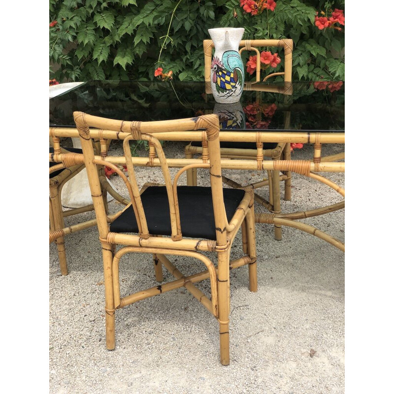 Dal Vera vintage bamboo and rattan table and 4 chairs, 1970s