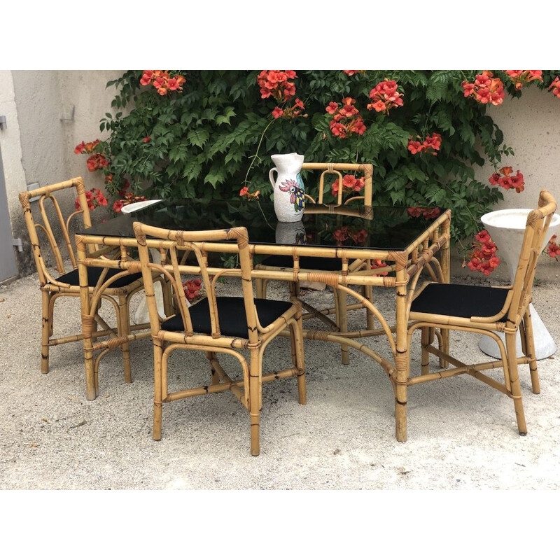 Dal Vera vintage bamboo and rattan table and 4 chairs, 1970s