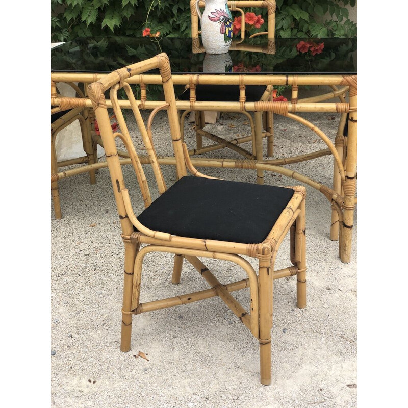 Dal Vera vintage bamboo and rattan table and 4 chairs, 1970s