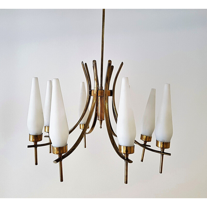 Italian "Tulip" chandelier in glass and brass - 1950s