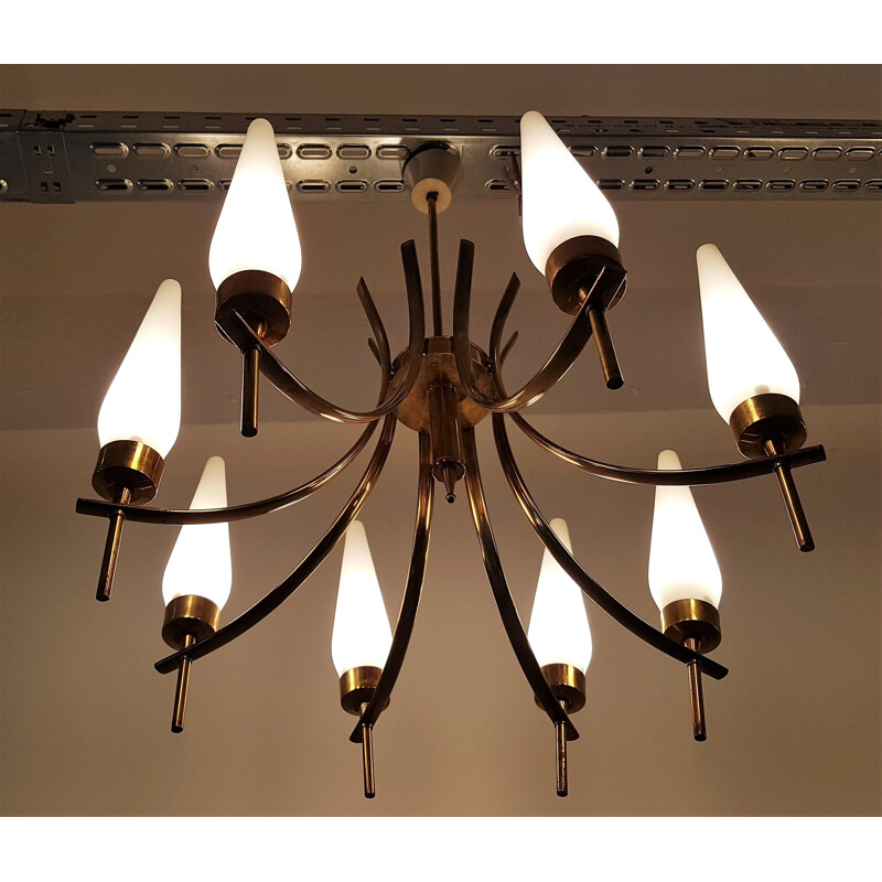 Italian "Tulip" chandelier in glass and brass - 1950s