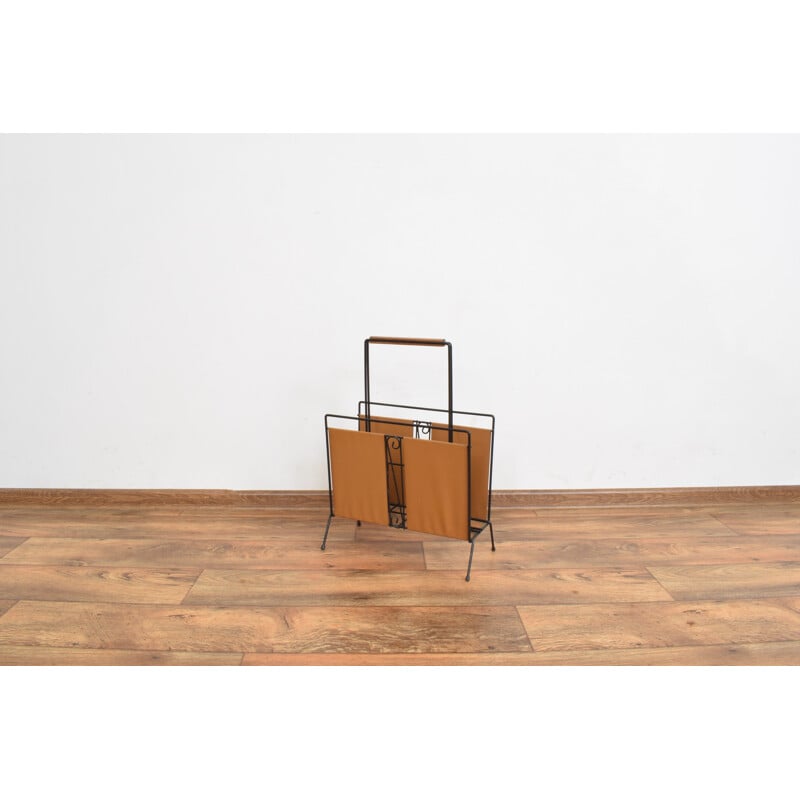 Vintage teak and leather magazine rack, Denmark 1960