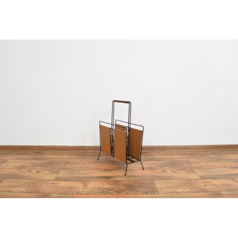 Vintage teak and leather magazine rack, Denmark 1960