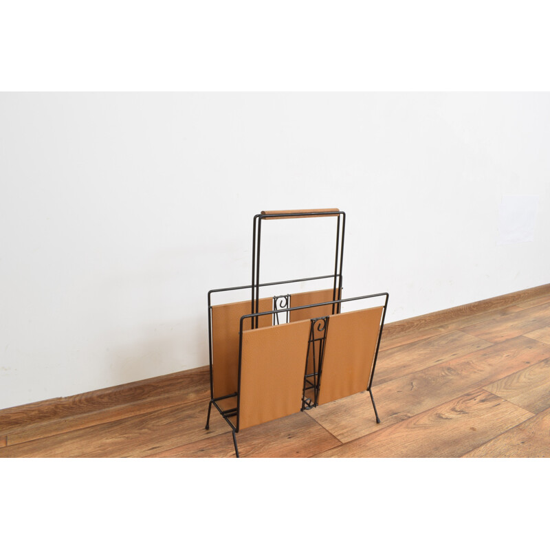 Vintage teak and leather magazine rack, Denmark 1960