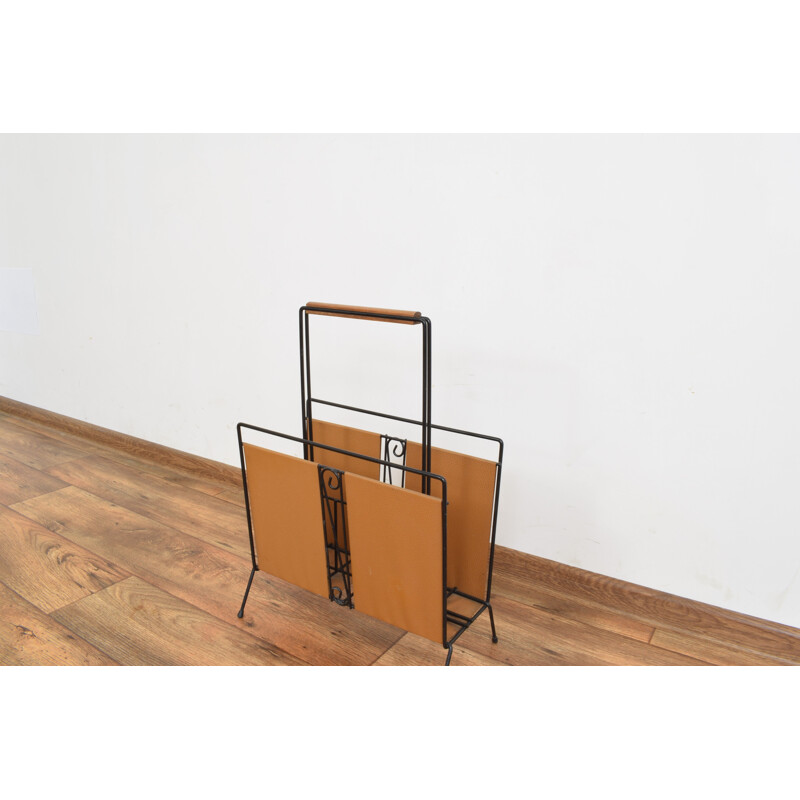 Vintage teak and leather magazine rack, Denmark 1960