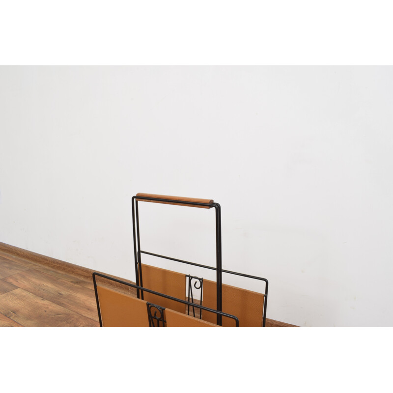 Vintage teak and leather magazine rack, Denmark 1960