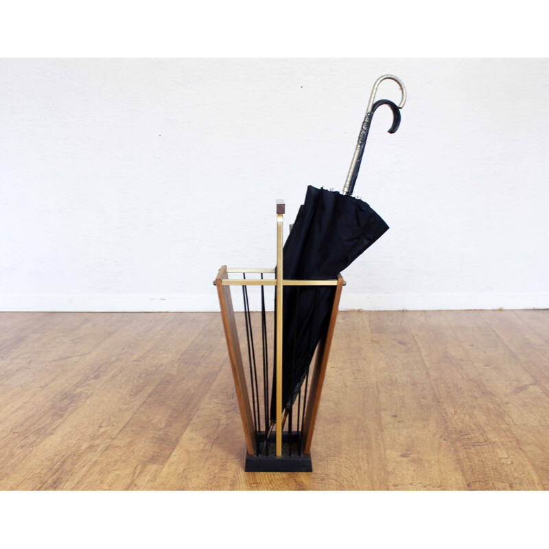 Vintage teak and brass umbrella stand, 1960s