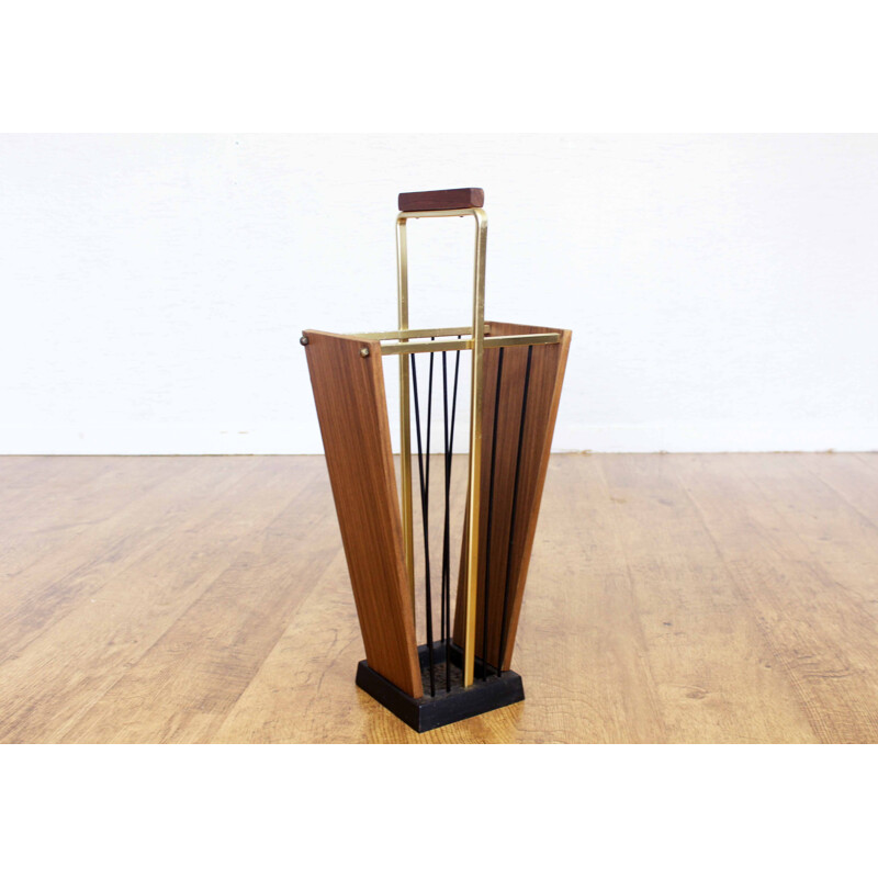 Vintage teak and brass umbrella stand, 1960s