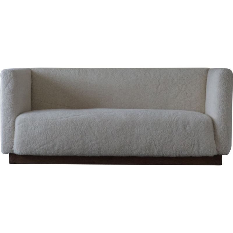 Freestanding Art Deco vintage 3-seater sofa reupholstered in sheep skin, 1930s
