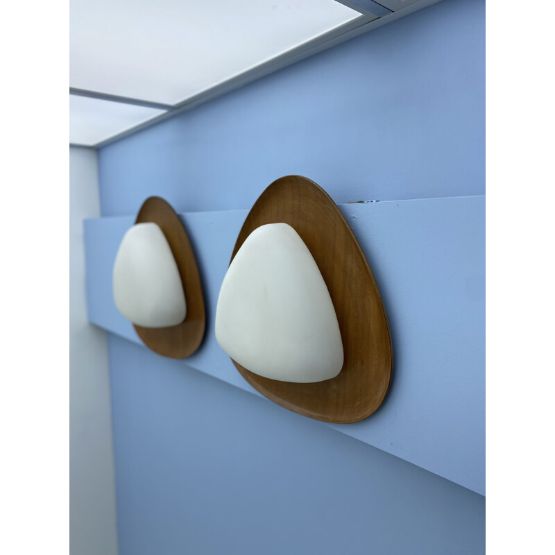 Pair of vintage teak and opaline sconces by Goffredo Reggiani