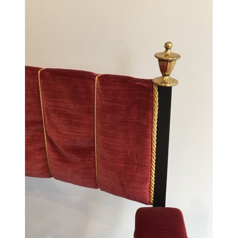 Red curule armchair in black iron and brass - 1970s