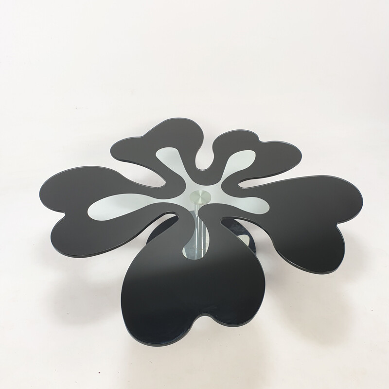 Flowered vintage coffee table in chrome and glass, Italy 1980
