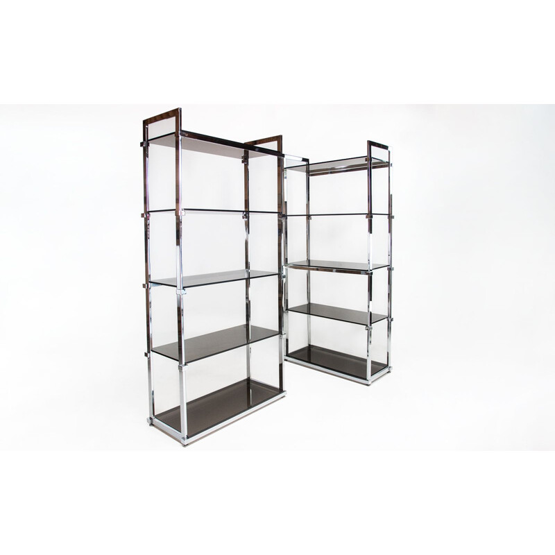 Pair of mid century glass and chrome shelving units by Tim Bates for Pieff, UK 1970s