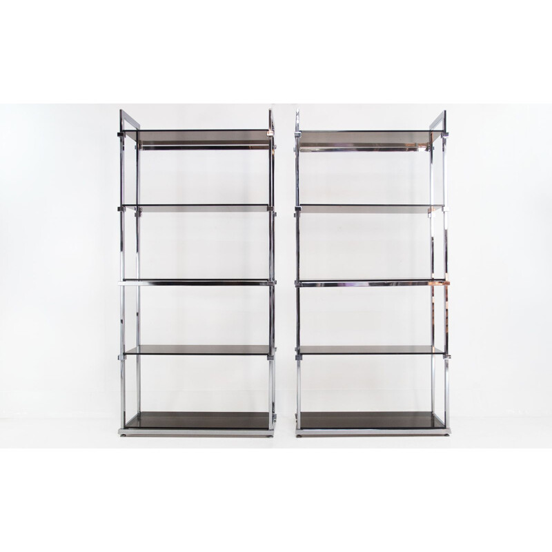 Pair of mid century glass and chrome shelving units by Tim Bates for Pieff, UK 1970s