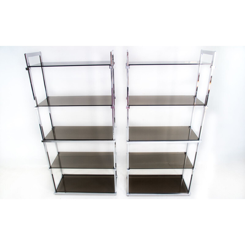 Pair of mid century glass and chrome shelving units by Tim Bates for Pieff, UK 1970s