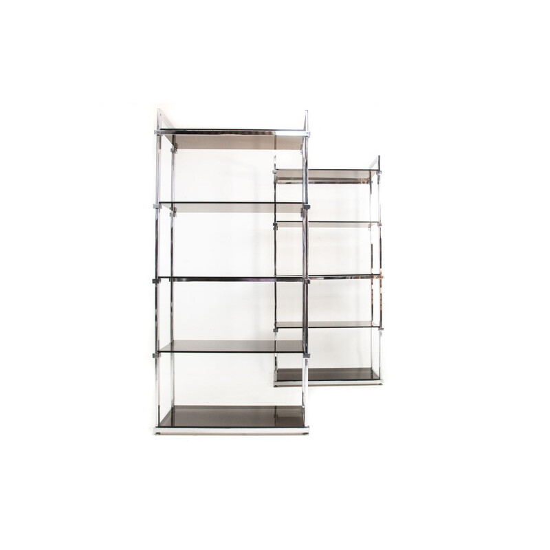 Pair of mid century glass and chrome shelving units by Tim Bates for Pieff, UK 1970s