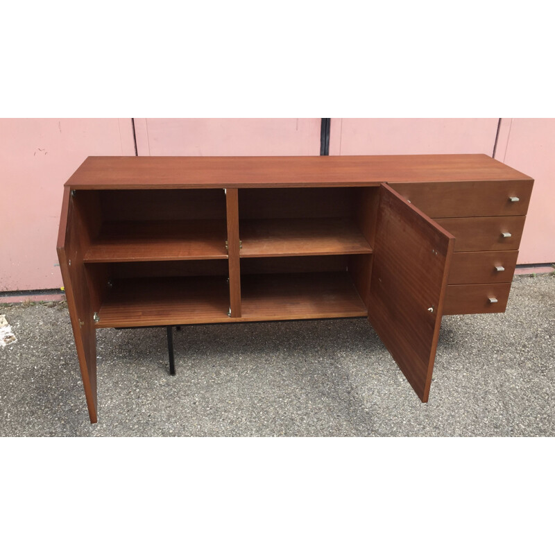 Vintage teak and steel sideboard by Pierre Guariche for Meurop, 1864s