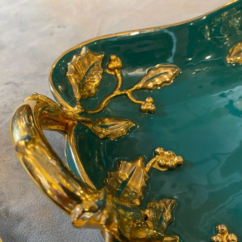 Mid-century modern green and gold ceramic centerpiece by Deruta, Italy 1950s