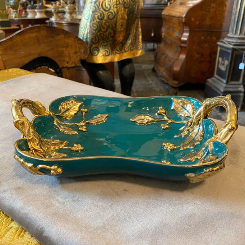 Mid-century modern green and gold ceramic centerpiece by Deruta, Italy 1950s