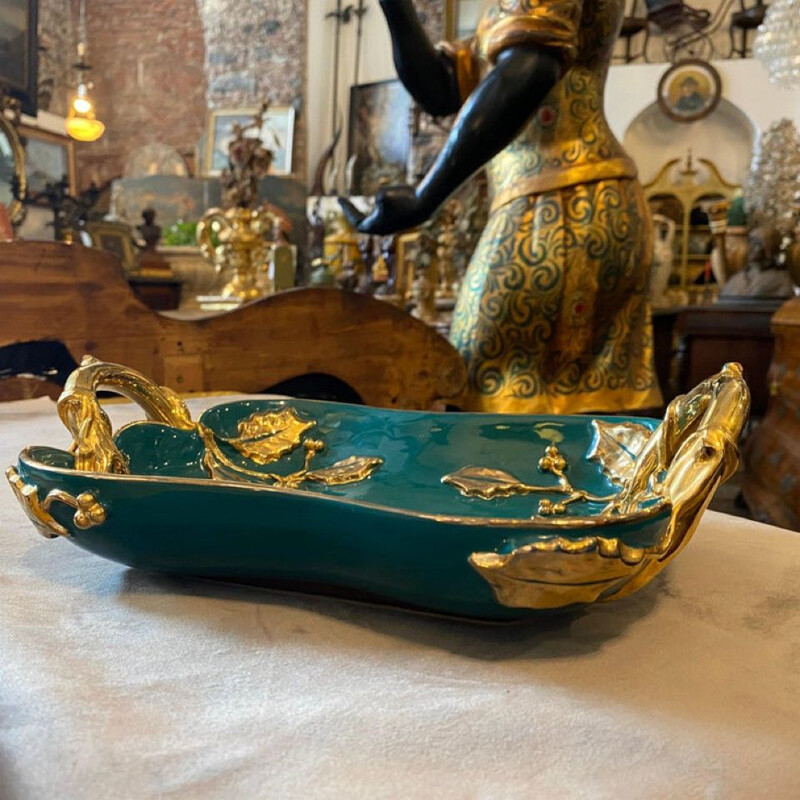 Centre de table vintage en céramique vert et or de Deruta, Italie 1950