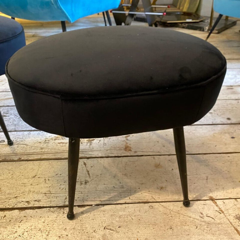 Pair of mid-century modern black velvet oval poufs, Italy 1960s