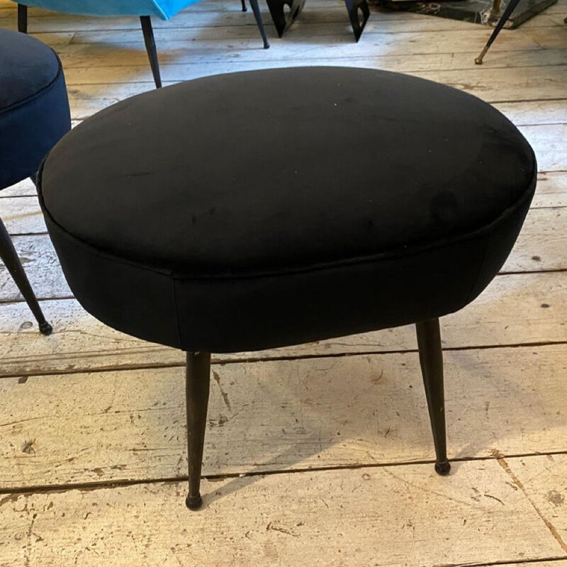 Pair of mid-century modern black velvet oval poufs, Italy 1960s