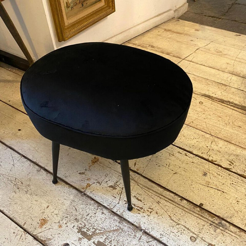 Pair of mid-century modern black velvet oval poufs, Italy 1960s