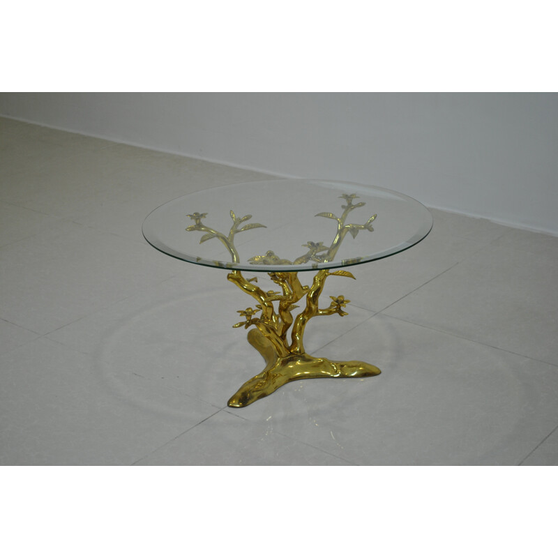 Table basse vintage en laiton massif et verre - 1980