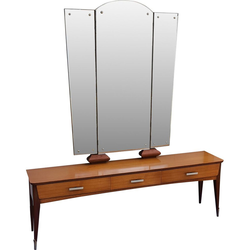 Vintage cherry wood console with Triptych mirror
