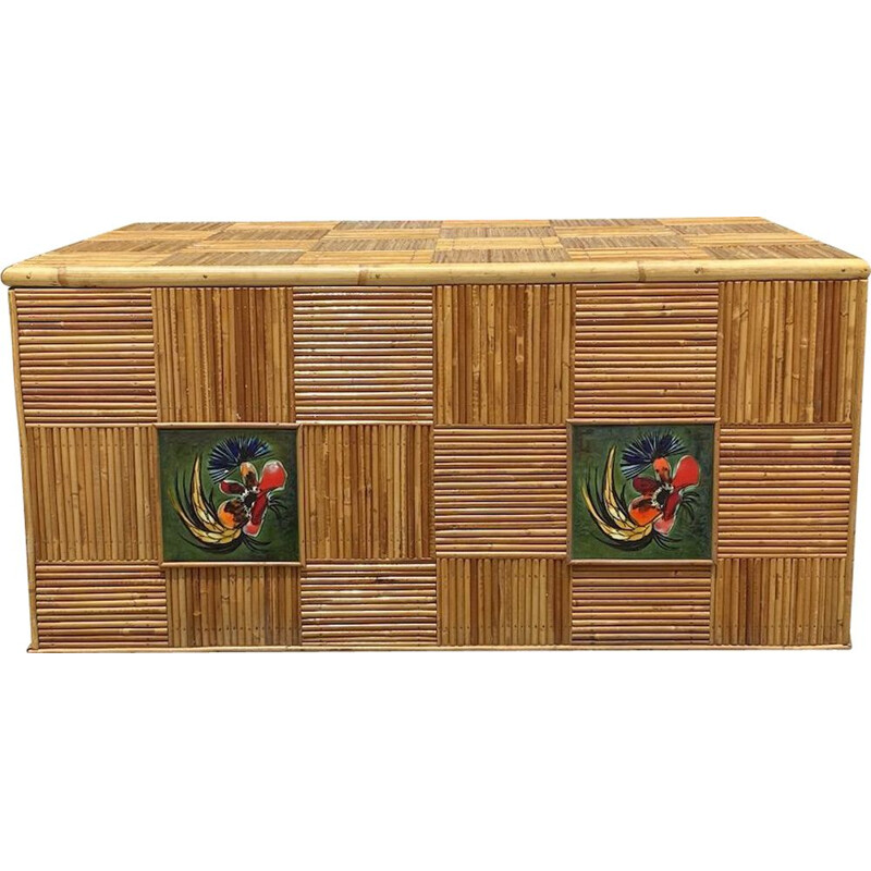 Coffre vintage Audoux Minet en bambou et céramique, 1960
