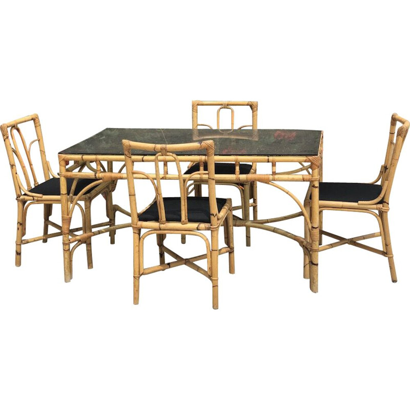 Dal Vera vintage bamboo and rattan table and 4 chairs, 1970s