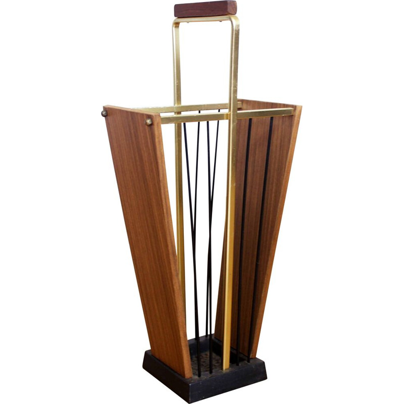 Vintage teak and brass umbrella stand, 1960s