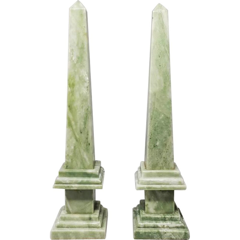 Pair of vintage handmade green marble obelisks sculptures, Italy 1960s