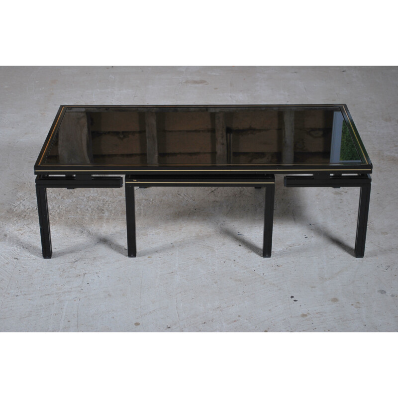 Vintage aluminium and black stained glass nesting table by Pierre Vandel, France 1970s