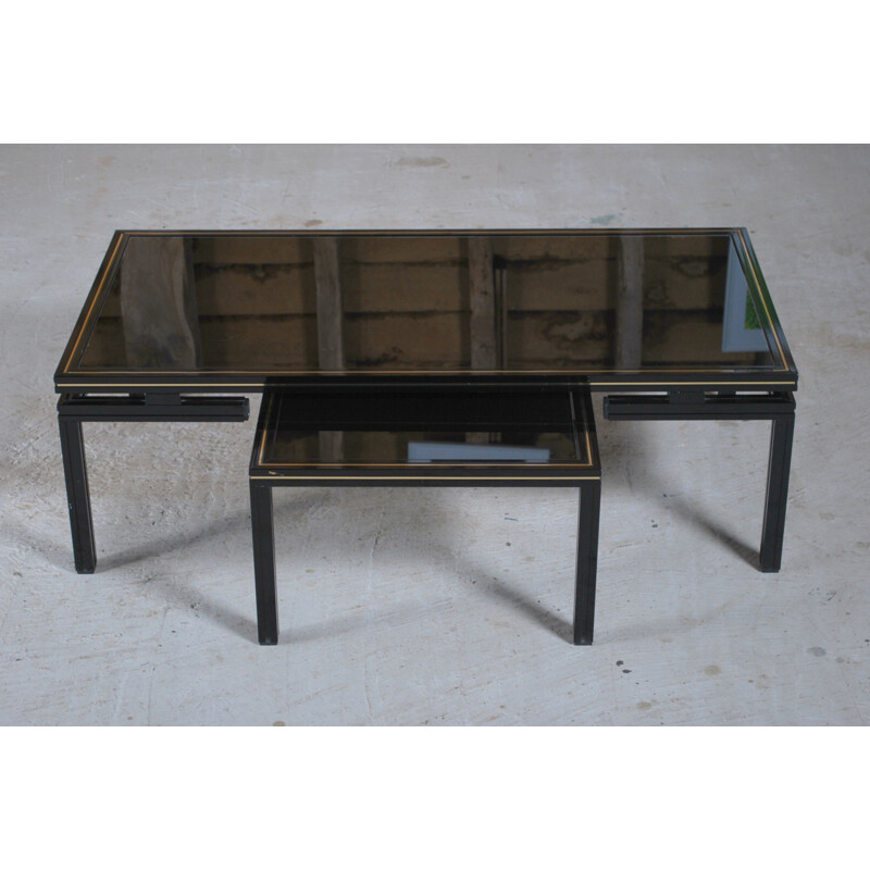 Table gigogne vintage en aluminium et verre teinté noir par Pierre Vandel, France 1970