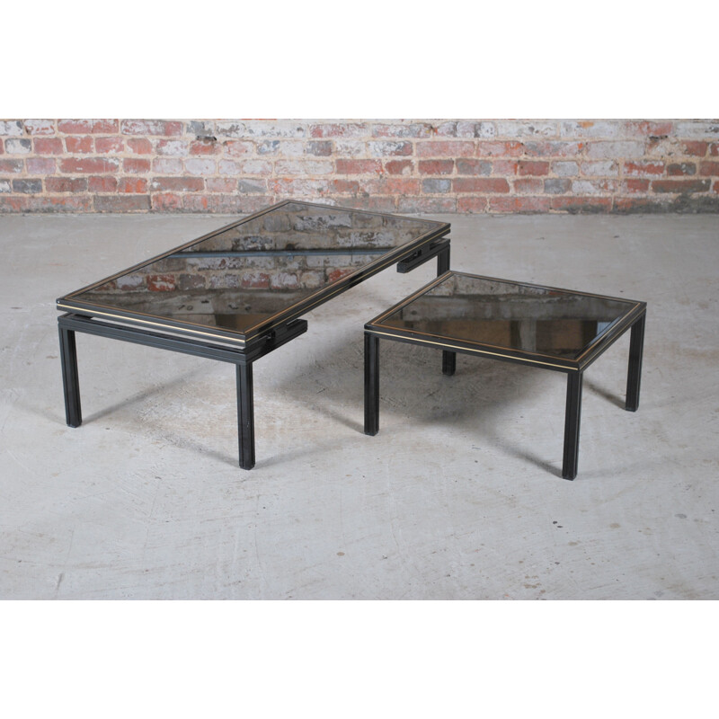 Vintage aluminium and black stained glass nesting table by Pierre Vandel, France 1970s