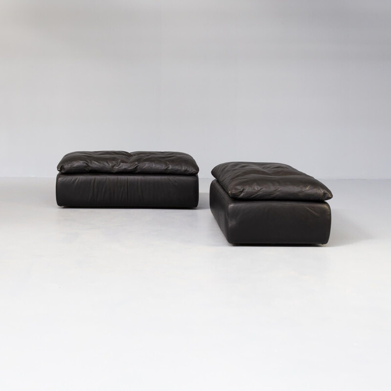 Pair of vintage black leather pouf sofa by Walter Knoll, 1980s