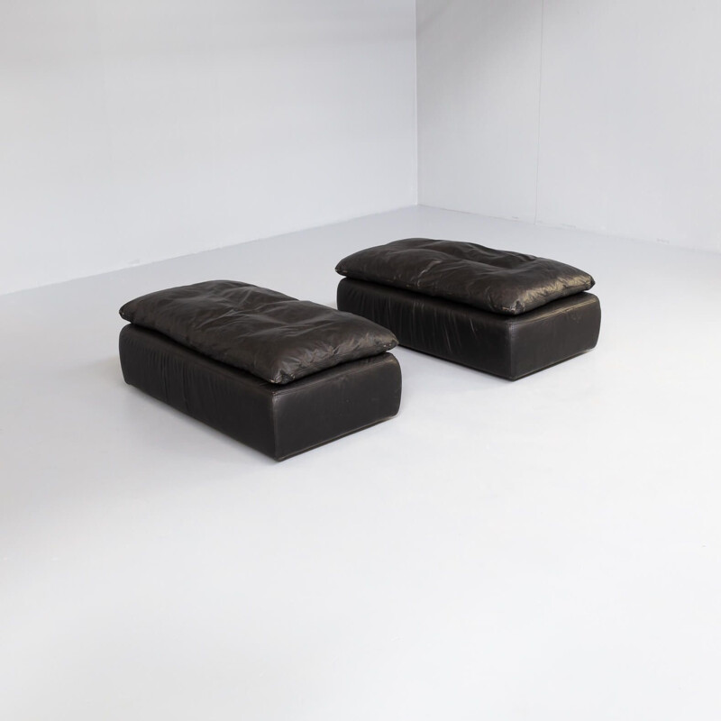 Pair of vintage black leather pouf sofa by Walter Knoll, 1980s