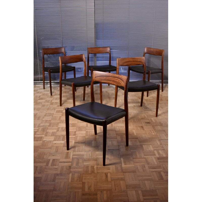 Set of 6 vintage model 77 solid rosewood chairs by Niels Moller for J.L Mollers Mobelfabrik, 1959s