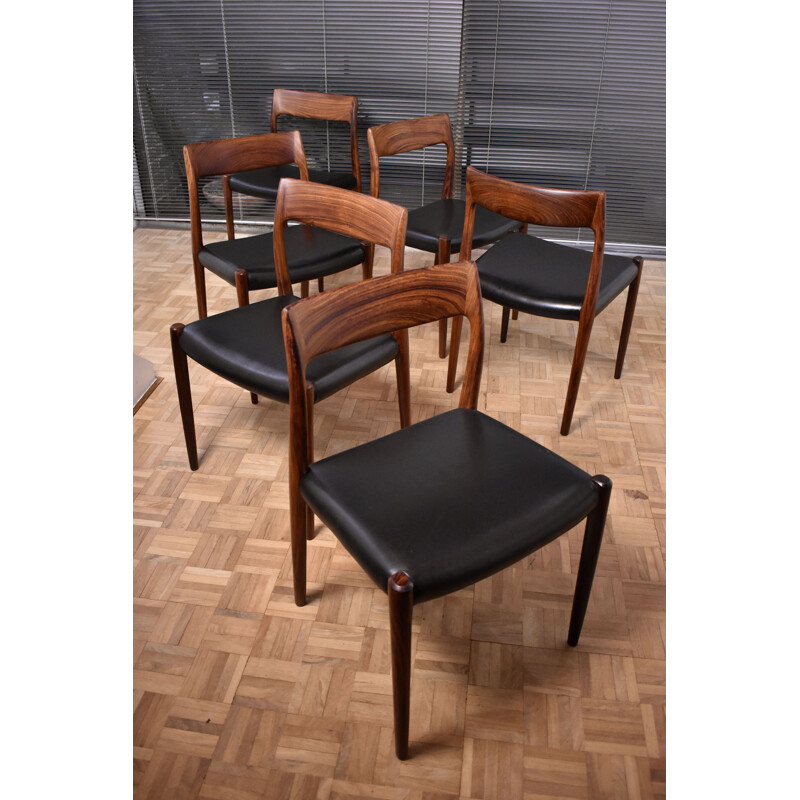 Set of 6 vintage model 77 solid rosewood chairs by Niels Moller for J.L Mollers Mobelfabrik, 1959s