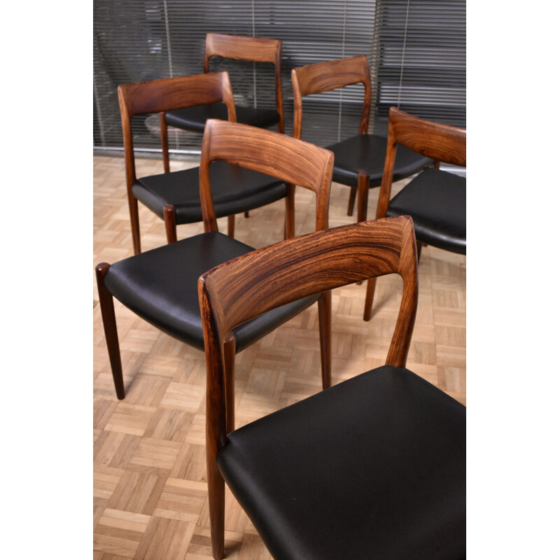 Set of 6 vintage model 77 solid rosewood chairs by Niels Moller for J.L Mollers Mobelfabrik, 1959s