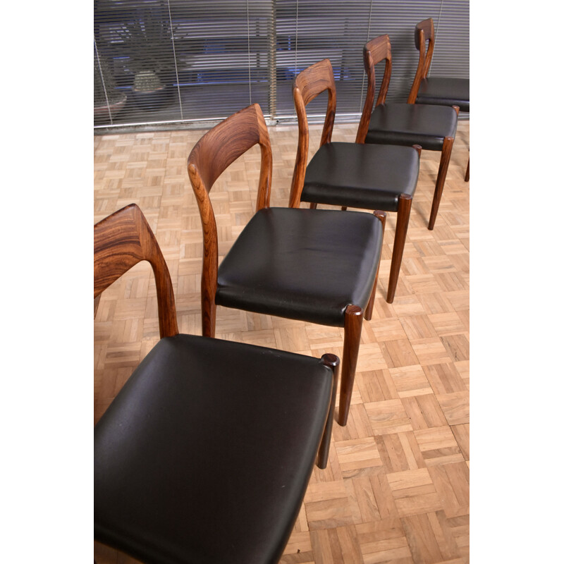 Set of 6 vintage model 77 solid rosewood chairs by Niels Moller for J.L Mollers Mobelfabrik, 1959s