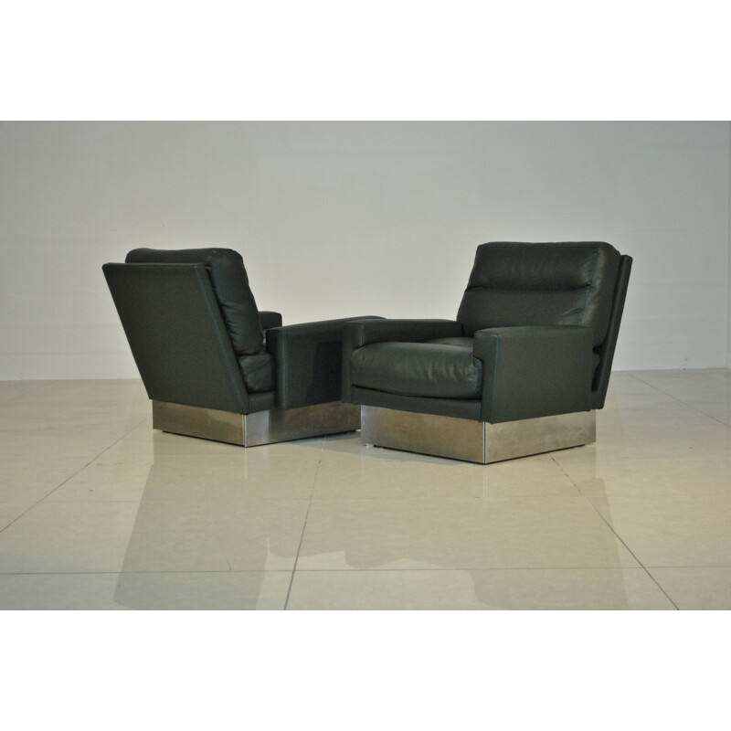 Pair of armchairs in green leather, Jacques CHARPENTIER - 1970s