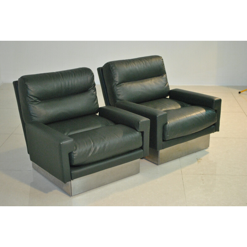 Pair of armchairs in green leather, Jacques CHARPENTIER - 1970s