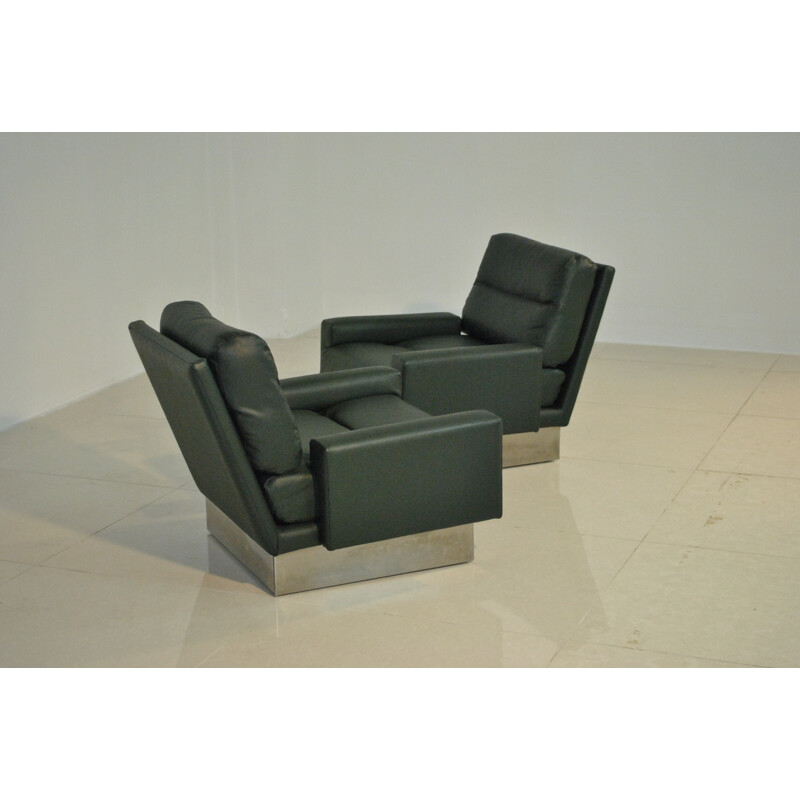 Paire de fauteuils en cuir vert, Jacques CHARPENTIER - 1970