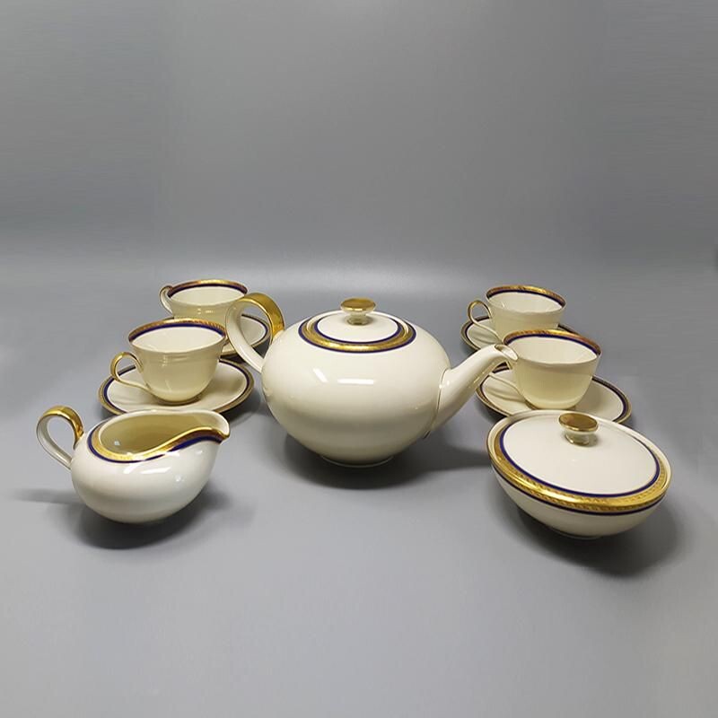 Juego de té vintage de porcelana bávara blanca, azul y dorada, Alemania 1950