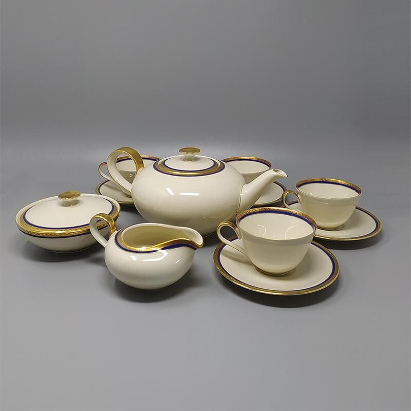 Vintage white, blue and gold Bavarian porcelain tea set, Germany 1950